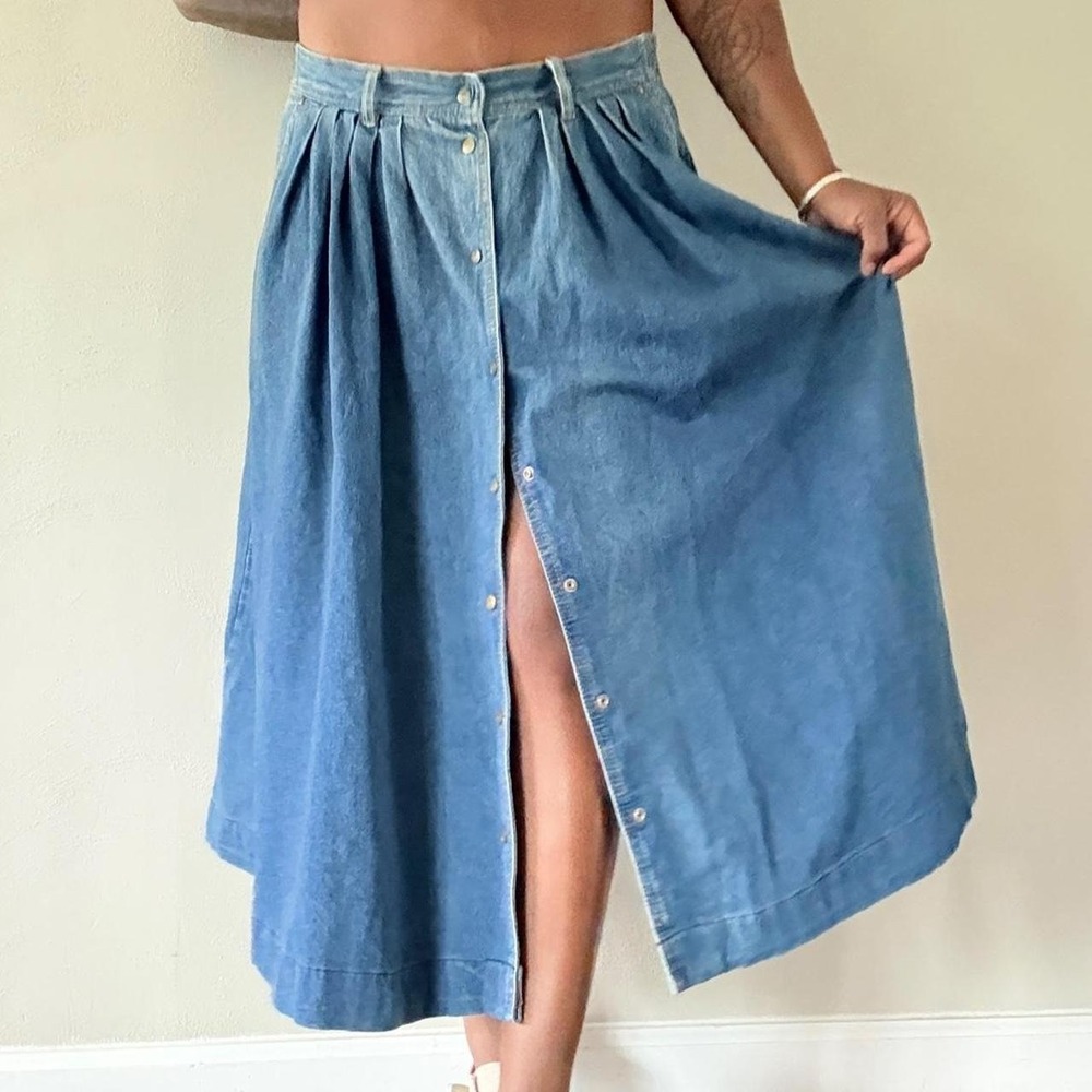 Vintage Women's Denim Midi Skirt Size 12 Button Front Pleated A-Line Cotton